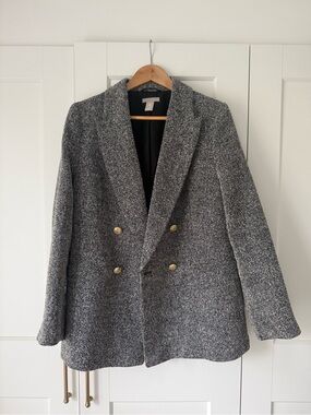 H&M Grey Textured Double-Breasted Blazer with Gold Buttons